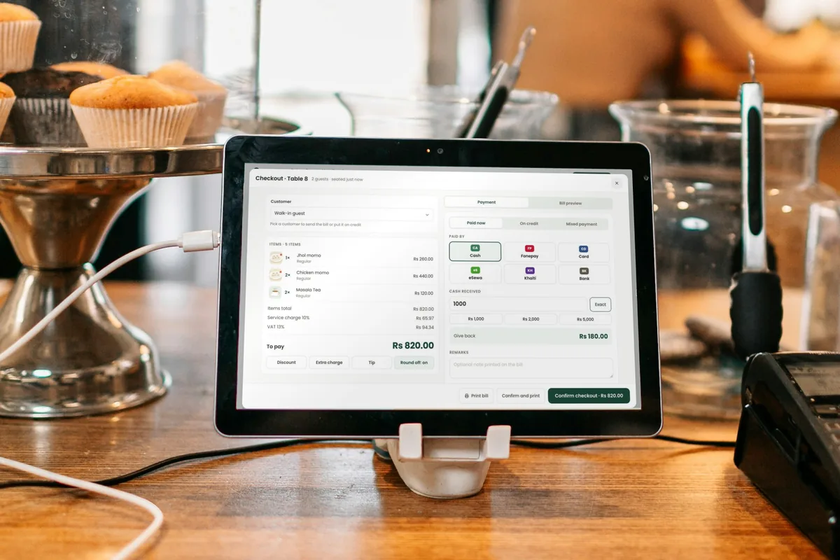 Cloudora Kitchen’s checkout screen on a tablet at a café counter